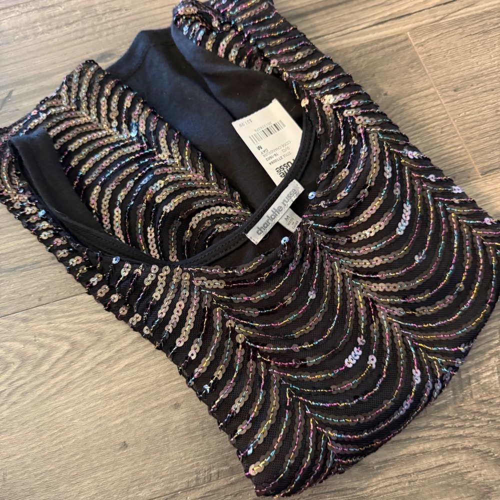 NWT Charlotte Russe Black Sequin Chandelier Tank Top Iridescent Scalloped New M